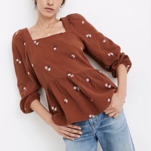 Madewell Floral Embroidered Women's Square Neck Cotton Top in Rust